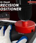 Diamond hole saw drill bit set with EVA precision positioner on red base and black mounting surface, glove visible.