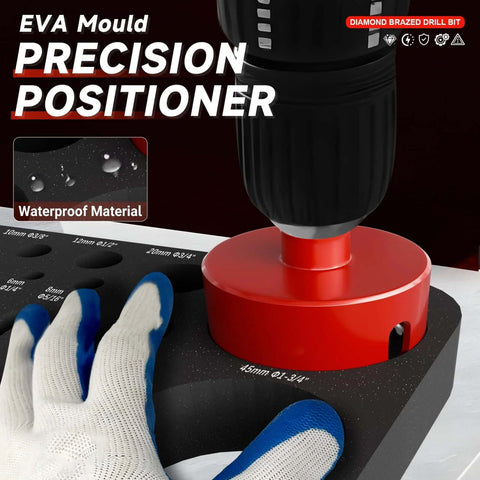 Diamond hole saw drill bit set with EVA precision positioner on red base and black mounting surface, glove visible.