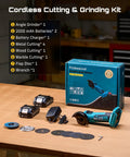 Cordless Mini Angle Grinder 3 Inch Brushless with 19000 RPM, 21V 2.0Ah Batteries, Cutting Discs, Box Displayed on Workshop Table