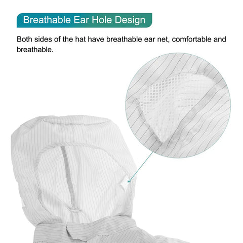 Breathable ear hole design of Grab This Legit Heavy Duty Anti Static Lab Coat Coverall tailored for electronics manufacturing.
