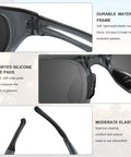 Close-up of 12 Pack Safety Glasses For Men And Women With UV400 Dark Grey Lenses, showing durable frame, silicone nose pads, elastic temples.
