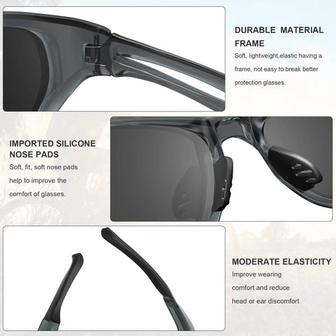 Close-up of 12 Pack Safety Glasses For Men And Women With UV400 Dark Grey Lenses, showing durable frame, silicone nose pads, elastic temples.