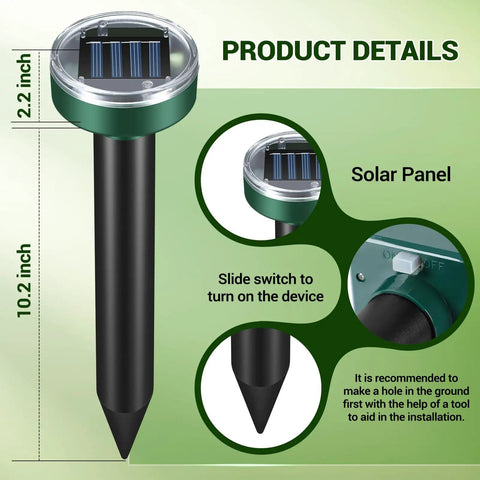 Product details of Solar Powered Sonic Mole Gopher Vole And Rodent Repellent Stakes For Lawn And Garden, showing switch and solar panel.