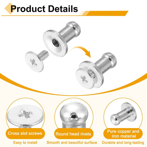 Close-up of 60 pcs set of 4mm Chicago screws round head leather rivets in silver finish for DIY crafting and repair on bags and belts