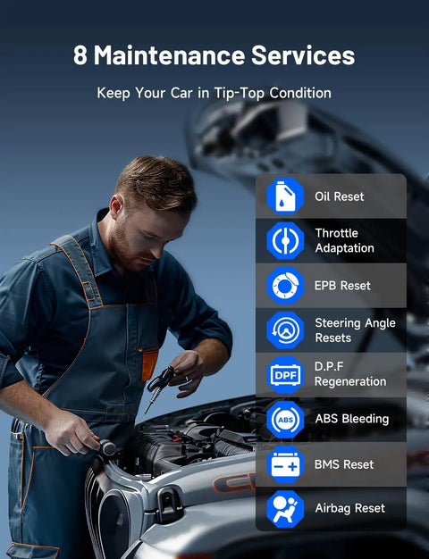 Mechanic using Bluetooth OBD2 Scanner With Bi-Directional Control for iOS and Android, performing car diagnostic services.
