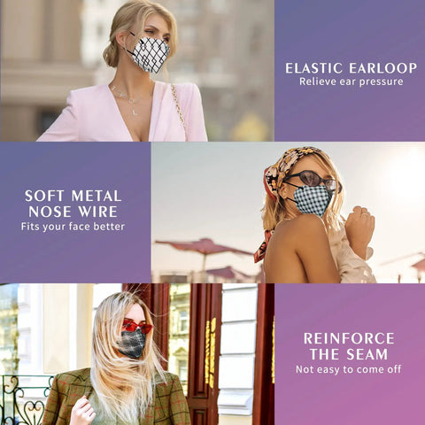 Women wearing KN95 Face Masks 60 Pack Individually Wrapped, 5 Layer Filtration for Adults Men Women with elastic ear loops and nose wire.