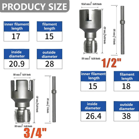 Integrated Internal And External Pipe Threading Tool For One Half Inch And Three Quarter Inch PVC Pipes, Pro Grade Quick And Easy Thread Cutter dimensions and sizes.