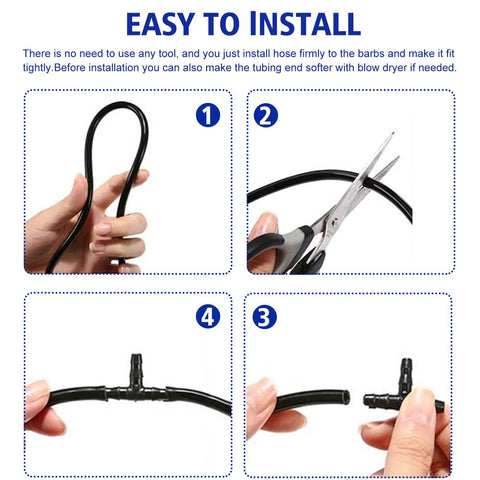 Automotive nylon vacuum tubing connector kit; four-panel installation diagram with hoses, scissors, tee and fittings