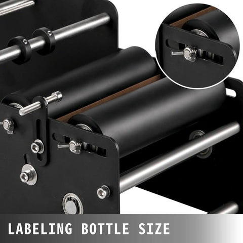 VFLDKRQAWYS MT-30 Semi-Automatic Bottle Labeling Machine For Plastic Glass Metal Round Cylinders DIY Desktop Applicator With Electrical Adhesive Printer And Sturdy Steel Construction Speed Control close-up view of label rollers