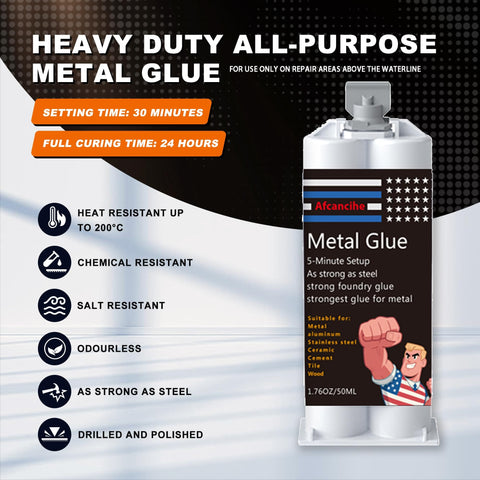 Rugged Metal Repair Epoxy For Steel Iron Aluminum And Fiberglass, 1.76 oz tube showcasing features like heat and chemical resistance.