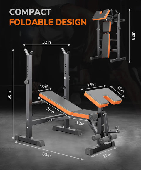 Six In One Weight Bench Set With Leg Press Preacher Curl Rack Adjustable Workout Bench And Squat Rack compact foldable design