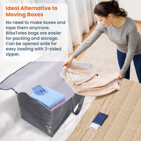 Person packing clothes into Beefy Heavy Duty Moving Bags Set 6 Pack 93L Storage Bags With Zippers Lids And Grippy Handles.