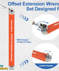 Offset Extension Wrench And Three Length Extension Clamps Set With Half Inch Quarter Inch And Three Eighths Inch Drive Adapters A Handy Workhorse Vise Grip Ratchet Extensions For Tight Spaces Pro Grade Automotive And DIY Tool Kit showing close-up of torque and adapter installation.