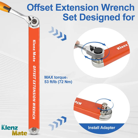 Offset Extension Wrench And Three Length Extension Clamps Set With Half Inch Quarter Inch And Three Eighths Inch Drive Adapters A Handy Workhorse Vise Grip Ratchet Extensions For Tight Spaces Pro Grade Automotive And DIY Tool Kit showing close-up of torque and adapter installation.