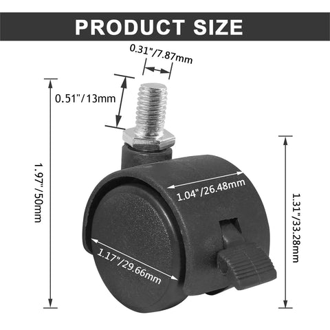 4Pcs 1 Inch Plastic Caster Wheels With Swivel M8 X 13mm Stem shown with dimensions and locking brake, black nylon construction