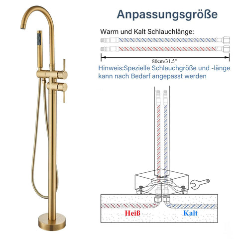 Freestanding Bathtub Faucet Set With Floor Mount Tub Filler, Brushed Nickel Finish, High Flow Shower Faucets diagram