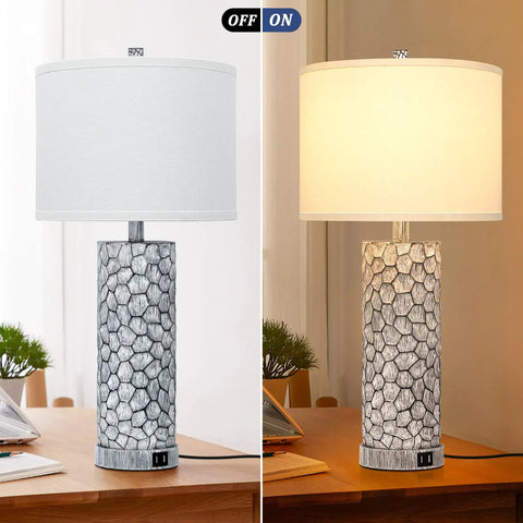 Rustic Farmhouse Table Lamps Set of 2 With Dual USB Charging Ports, 25 Inch Tall Bedside Nightstand Lights, White Fabric Shade, Perfect for Bedroom or Living Room, Bulbs Not Included