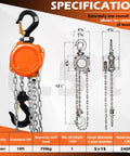 Front view of orange 1/2-ton hand chain hoist with metal chains and black hook.