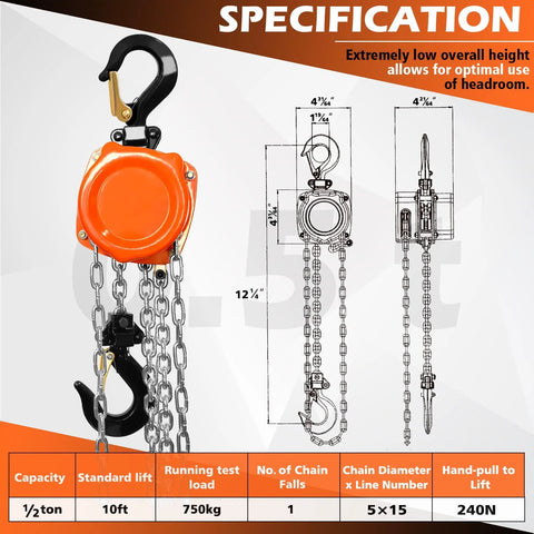 Front view of orange 1/2-ton hand chain hoist with metal chains and black hook.