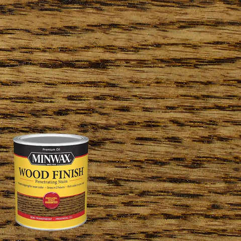 Top Notch Quick Dry Oil Based Wood Stain In Classic Provincial Color enhances wood grain on a wooden surface with a paint can.