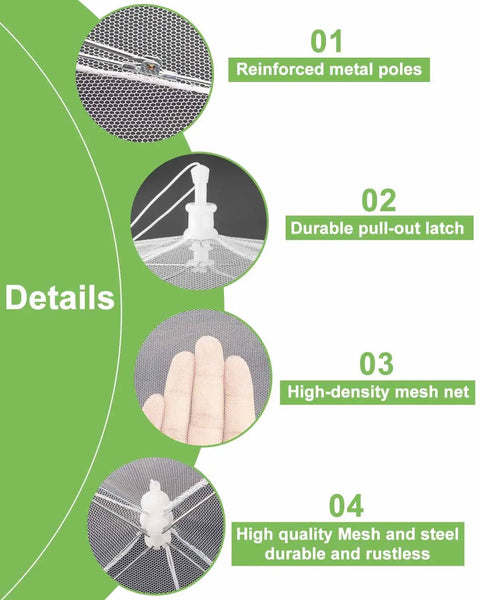 Detail view of Six Pack Mesh Food Covers 17x17 Inches Pop Up Patio Net showing reinforced poles, latch, and high-density mesh.