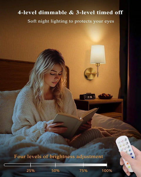 Super Sleek Battery Operated Wall Sconces Set Of 2 With Remote Control And Rechargeable RGB Bulbs In Classic Gold illuminating cozy reading nook.