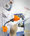 Outrageous Orange Heavy Duty Disposable Nitrile Gloves 8 Mil Latex Free Powder Free Ambidextrous Orange Large 1000 Count Ideal For Food Prep Lab Kitchen Medical Use Tough As Nails Durable Grip Textured Fingertips in action during spray painting.