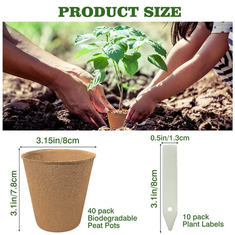 Hands planting seedling in 3.15in biodegradable peat pot, product size diagram; 40 pcs 3.15 inch eco friendly biodegradable peat pots seedling starters kit with labels for flowers, vegetables, tomatoes, saplings, and herbs germination trays khaki