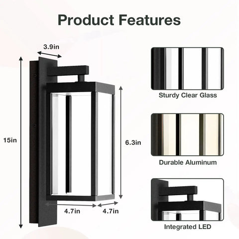 Diagram of a Lit Outdoor Wall Light Fixture Waterproof For Porch Patio Front Door And Garage 15 Inch Exterior Wall Sconce with dimensions.