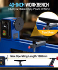 Benchtop wood lathe, blue, with black tool rest and left-side control panel visible.