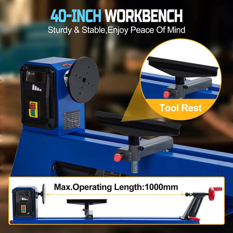 Benchtop wood lathe, blue, with black tool rest and left-side control panel visible.