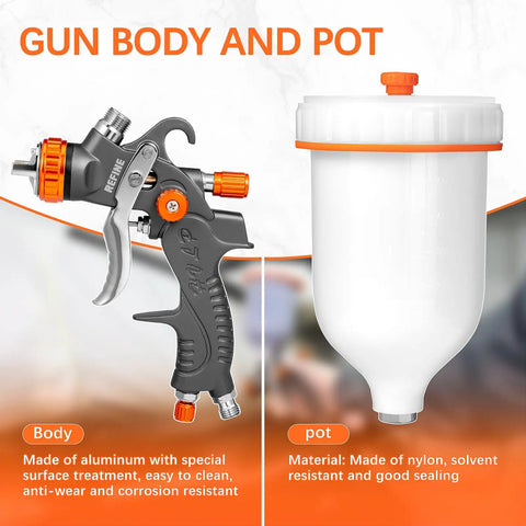 Kickass Hvlp Spray Paint Gun Set With Die Cast Aluminum Body Stainless Tip And Integrated Regulator Built Different Pro Airbrush Rig for Garage Detailing Crisp Coating, gray spray gun and white paint pot.