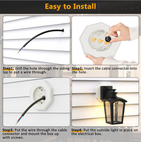 DIY Friendly Siding Mounting Block Kit With Built-In Electrical Box For One Half Inch Lap Siding, white textured plastic mounting block, easy install steps