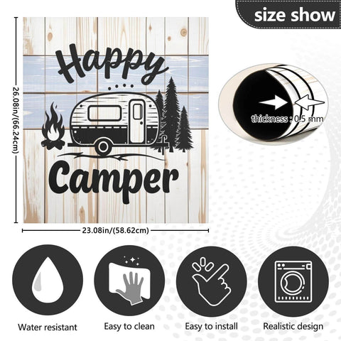 Size and features of Happy Camper On Wood Magnetic Cover For Refrigerator Front Door And Dishwasher totally ultra strong PVC coated panel.