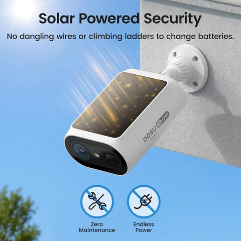 Mounted solar-powered security camera on wall, part of Solar Security Cameras Wireless Outdoor Kit With 2 Minute Easy DIY Install No Subscription Required Local Storage 2K Color Night Vision 2.4GHz And 5GHz WiFi 4 Camera System For Home Security.
