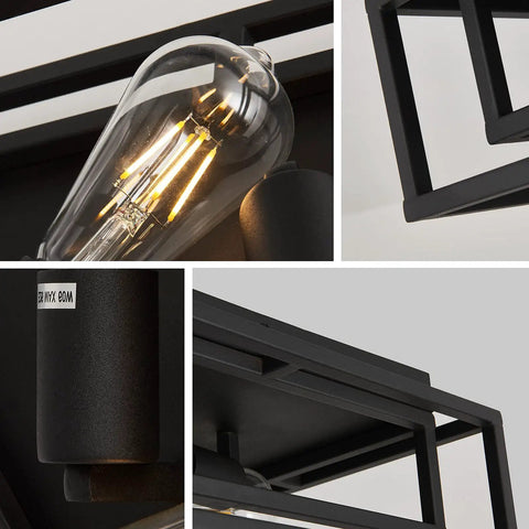 Details of Black 3 Light Flush Mount Ceiling Fixture With Industrial Metal Style for farmhouse lighting close-up