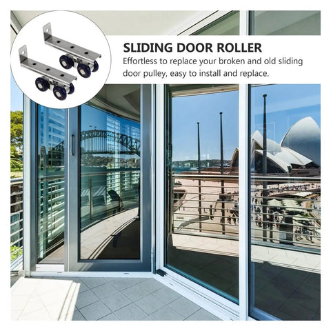 Drawer Roller Bearing Kit For Smooth Sliding Doors used on glass patio doors, showcasing heavy duty metal wheel sliders and track rail.
