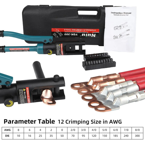 Beefy 12-Ton Hydraulic Crimping Tool For Battery Cables, Wire Terminal Crimper 16-300mm2 6 AWG To 8/0 AWG, With 11 Dies, 16mm Stroke, 180 Degree Swivel Head, Heavy-Duty Electrician Favorite Blue with dies, manual, and cable lugs