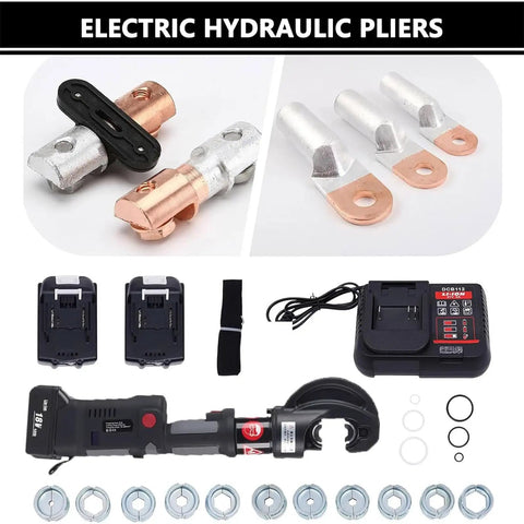 Hiedmeil Upgraded 120KN Electric Hydraulic Cable Lug Crimping Machine tools including dies, batteries, and connectors on a white background.