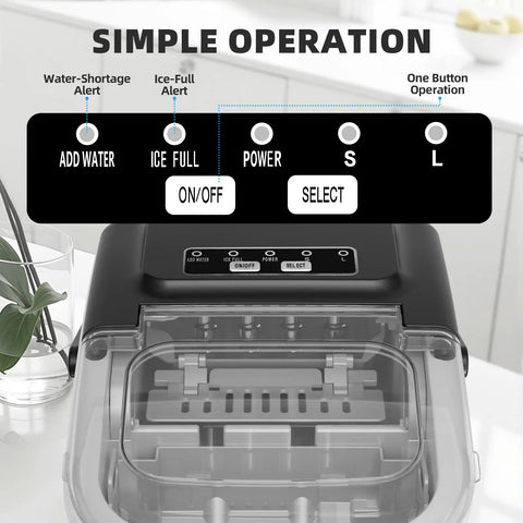 Countertop Ice Maker Machine With Quick Ice 8 Cubes In 6 Minutes 26.5 Lbs Per Day Self Cleaning Two Ice Sizes controls.