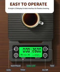 Top view of Coffee Scale With Timer 0.1g Precision, 3kg Drip Espresso Scale with LCD display and non-slip mat in use