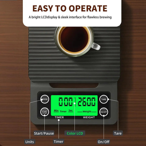 Top view of Coffee Scale With Timer 0.1g Precision, 3kg Drip Espresso Scale with LCD display and non-slip mat in use