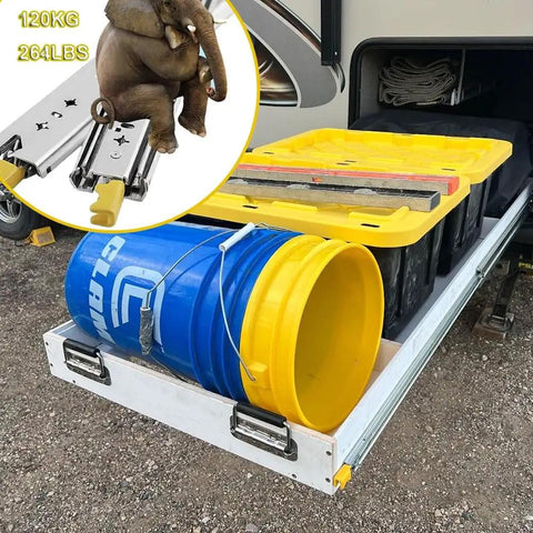 Heavy Duty Locking Drawer Slides 48 Inch Full Extension 1 Pair With Metal Ball Bearing, shown with outdoor storage setup