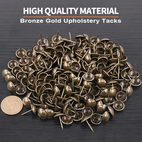 300 Piece Antique Bronze Upholstery Tacks 9/16 Inch Round Head Furniture Nails, showing a pile with a quarter for scale.