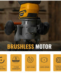 Real Deal Cordless Plunge Router Kit With Fixed And Plunge Bases Ready To Roll Smooth Finish For Woodworking close-up of brushless motor.