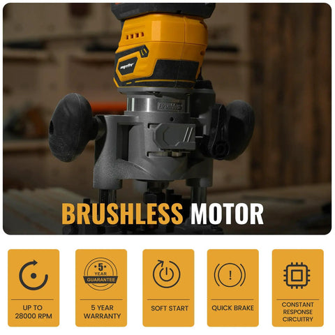 Real Deal Cordless Plunge Router Kit With Fixed And Plunge Bases Ready To Roll Smooth Finish For Woodworking close-up of brushless motor.