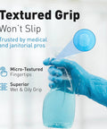 Blue nitrile gloves with textured grip on a hand holding a spray bottle