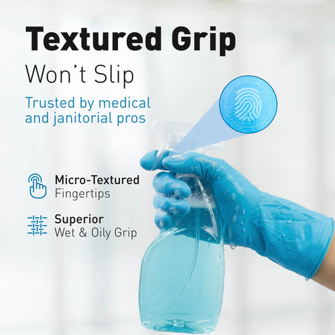Blue nitrile gloves with textured grip on a hand holding a spray bottle