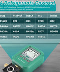 DUOYI DY519 3-in-1 HVAC digital manifold gauge with teal housing and LCD display; refrigerant chart backdrop.