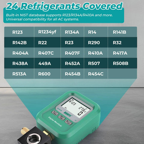 DUOYI DY519 3-in-1 HVAC digital manifold gauge with teal housing and LCD display; refrigerant chart backdrop.